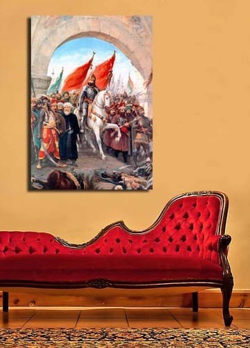 Canvastavla 70x100 cm - Triumferande ledare på en vit häst omgiven av en folkmassa med röda flaggor - Röd / Vit / Brun - Inredning - Tavlor & posters - Canvastavla