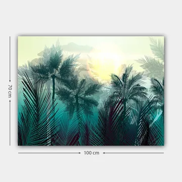 Canvastavla 70x100 cm - Tropisk landskap med palmer och en soluppgång i bakgrunden - Turkos / Grön / Gul - Inredning - Tavlor & posters - Canvastavla