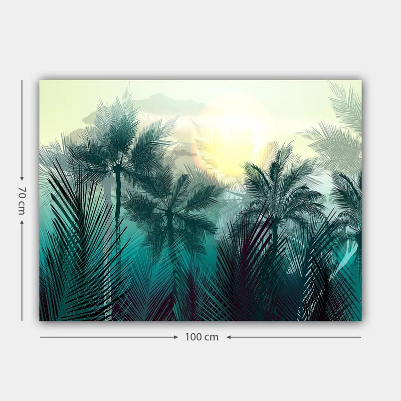 Canvastavla 70x100 cm - Tropisk landskap med palmer och en soluppgång i bakgrunden - Turkos / Grön / Gul - Inredning - Tavlor & posters - Canvastavla