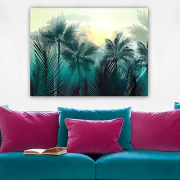 Canvastavla 70x100 cm - Tropisk landskap med palmer och en soluppgång i bakgrunden - Turkos / Grön / Gul - Inredning - Tavlor & posters - Canvastavla
