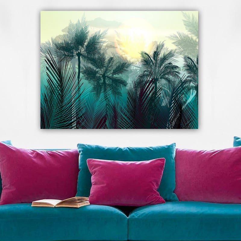 Canvastavla 70x100 cm - Tropisk landskap med palmer och en soluppgång i bakgrunden - Turkos / Grön / Gul - Inredning - Tavlor & posters - Canvastavla
