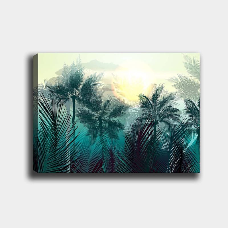 Canvastavla 70x100 cm - Tropisk landskap med palmer och en soluppgång i bakgrunden, Turkos / Grön / Gul