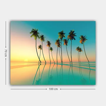 Canvastavla 70x100 cm - Tropisk solnedgång med palmer som speglas i stilla vatten - Turkos / Orange / Grön - Inredning - Tavlor & posters - Canvastavla