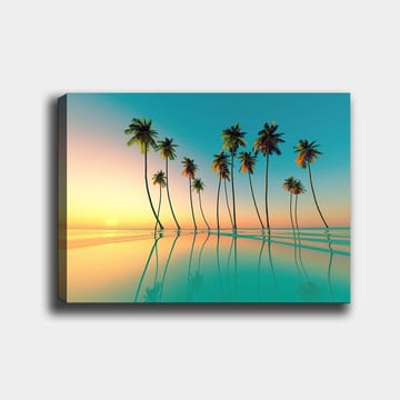 Canvastavla 70x100 cm - Tropisk solnedgång med palmer som speglas i stilla vatten - Turkos / Orange / Grön - Inredning - Tavlor & posters - Canvastavla