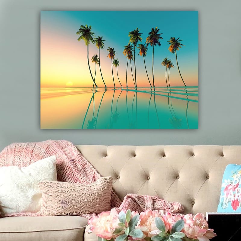 Canvastavla 70x100 cm - Tropisk solnedgång med palmer som speglas i stilla vatten - Turkos / Orange / Grön - Inredning - Tavlor & posters - Canvastavla