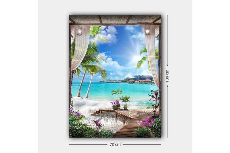 Canvastavla 70x100 cm - Tropisk strandutsikt med palmer, klart vatten och blommor i en avkopplande miljö - Turkos / Grön / Lila - Inredning - Tavlor & posters - Canvastavla