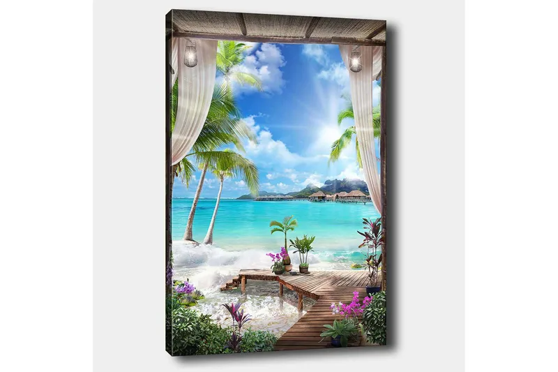 Canvastavla 70x100 cm - Tropisk strandutsikt med palmer, klart vatten och blommor i en avkopplande miljö - Turkos / Grön / Lila - Inredning - Tavlor & posters - Canvastavla