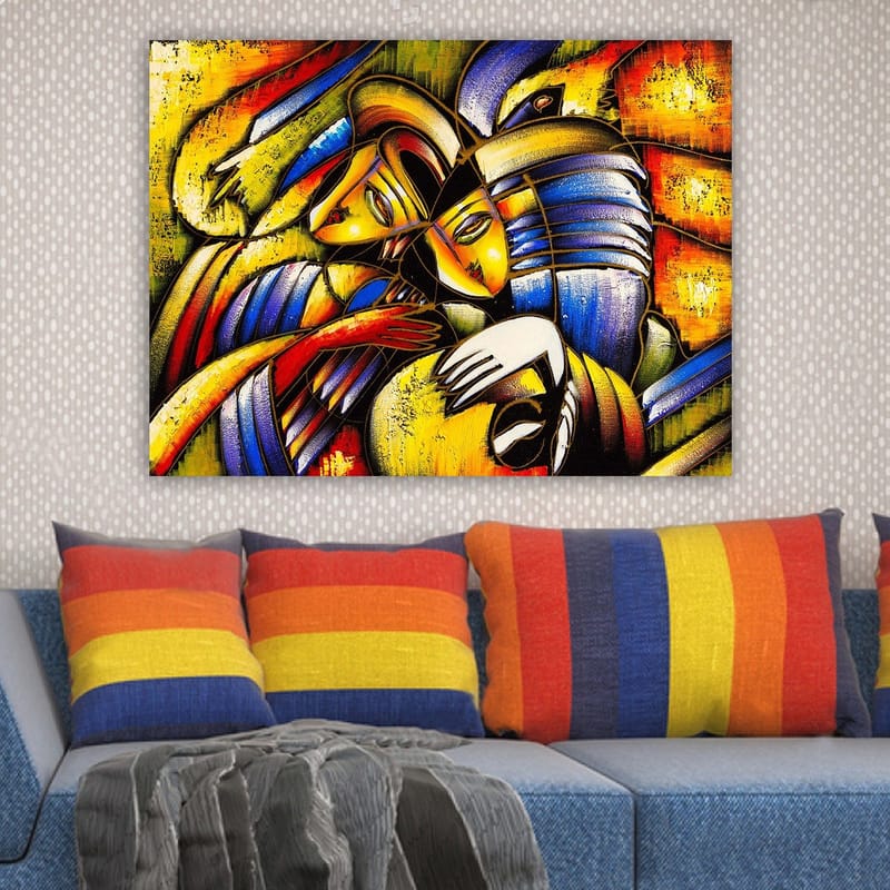 Canvastavla 70x100 cm - Två abstrakta figurer som omfamnar varandra i en känslosam komposition - Gult / Blått / Rött - Inredning - Tavlor & posters - Canvastavla