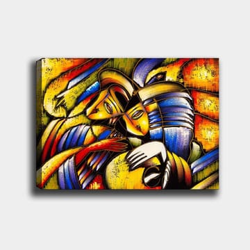 Canvastavla 70x100 cm - Två abstrakta figurer som omfamnar varandra i en känslosam komposition - Gult / Blått / Rött - Inredning - Tavlor & posters - Canvastavla