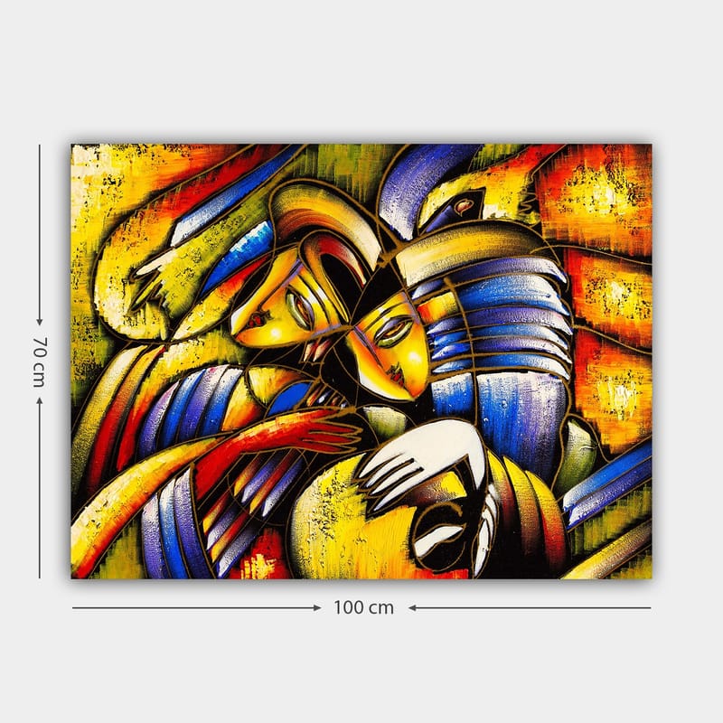 Canvastavla 70x100 cm - Två abstrakta figurer som omfamnar varandra i en känslosam komposition - Gult / Blått / Rött - Inredning - Tavlor & posters - Canvastavla