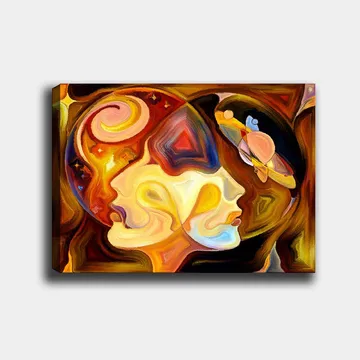 Canvastavla 70x100 cm - Två ansikten i profil som förenas i en abstrakt komposition med inslag av rymden - Guld / Orange / Brun - Inredning - Tavlor & posters - Canvastavla