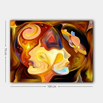 Canvastavla 70x100 cm - Två ansikten i profil som förenas i en abstrakt komposition med inslag av rymden - Guld / Orange / Brun - Inredning - Tavlor & posters - Canvastavla