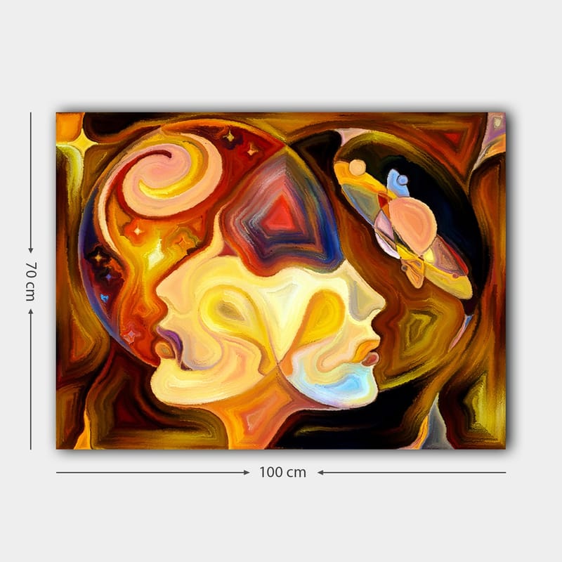 Canvastavla 70x100 cm - Två ansikten i profil som förenas i en abstrakt komposition med inslag av rymden - Guld / Orange / Brun - Inredning - Tavlor & posters - Canvastavla