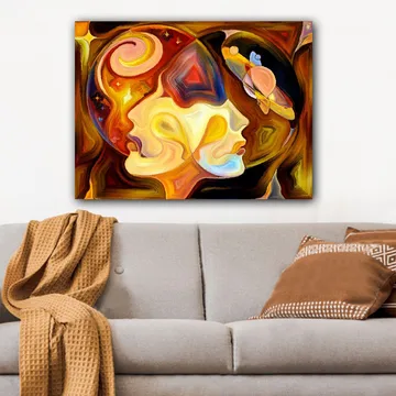 Canvastavla 70x100 cm - Två ansikten i profil som förenas i en abstrakt komposition med inslag av rymden - Guld / Orange / Brun - Inredning - Tavlor & posters - Canvastavla