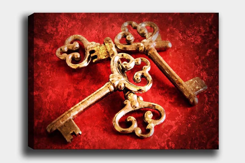 Canvastavla 70x100 cm - Två antika nycklar med dekorativa detaljer på en röd bakgrund, Guld / Röd