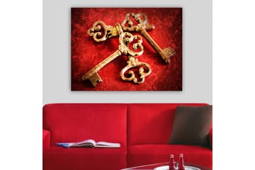 Canvastavla 70x100 cm - Två antika nycklar med dekorativa detaljer på en röd bakgrund - Guld / Röd - Inredning - Tavlor & posters - Canvastavla