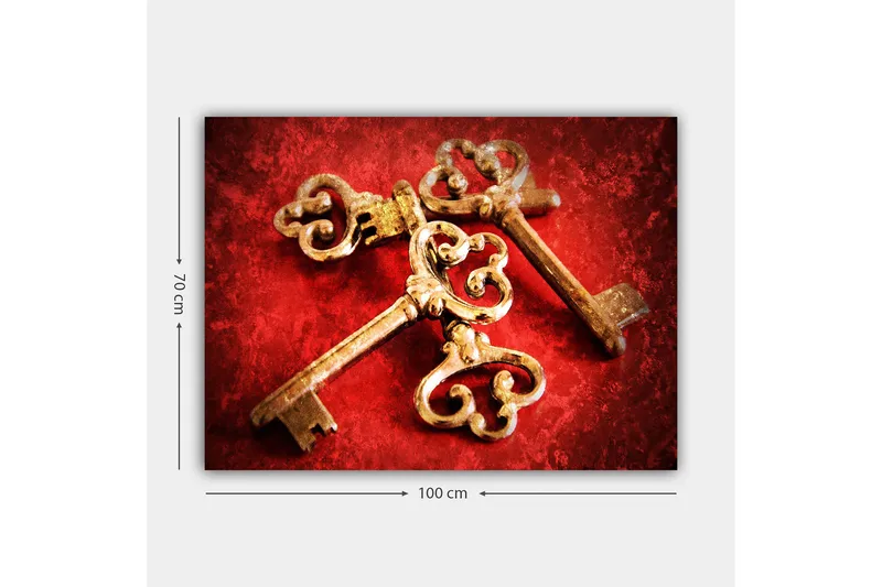 Canvastavla 70x100 cm - Två antika nycklar med dekorativa detaljer på en röd bakgrund - Guld / Röd - Inredning - Tavlor & posters - Canvastavla
