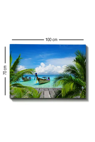 Canvastavla 70x100 cm - Två båtar i klart turkost vatten omgivna av palmer och en träbrygga - Turkos / Grön / Blå - Inredning - Tavlor & posters - Canvastavla