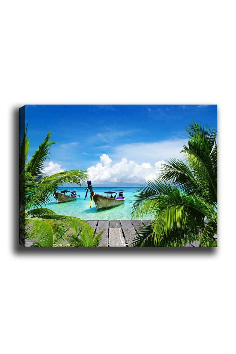 Canvastavla 70x100 cm - Två båtar i klart turkost vatten omgivna av palmer och en träbrygga, Turkos / Grön / Blå