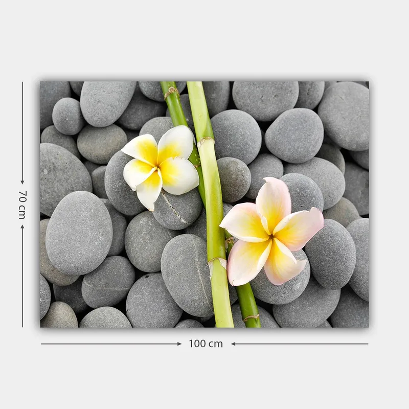 Canvastavla 70x100 cm - Två blommor i pastellfärger som ligger på en samling grå stenar - Grå / Gul / Rosa - Inredning - Tavlor & posters - Canvastavla