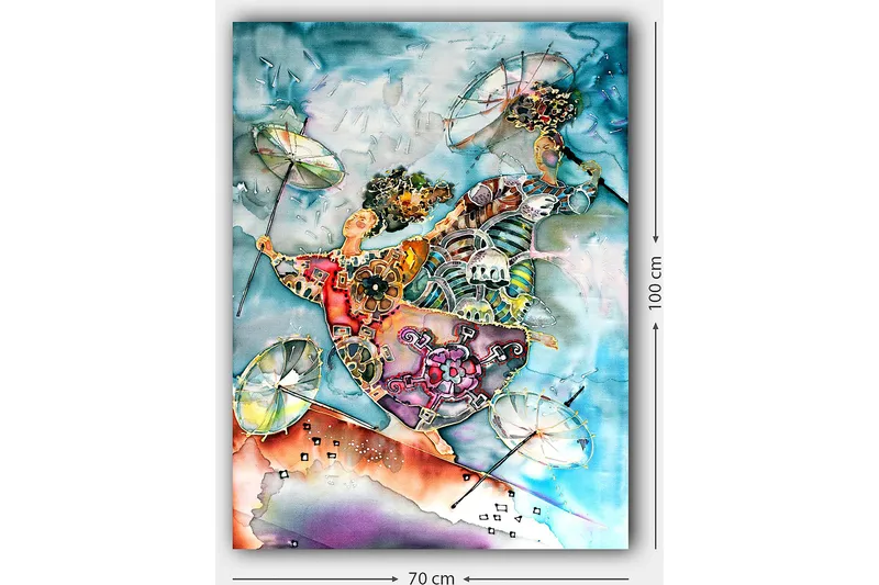 Canvastavla 70x100 cm - Två dansande figurer med paraplyer i en färgglad och livlig komposition - Blå / Orange / Grön - Inredning - Tavlor & posters - Canvastavla