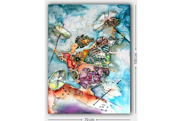 Canvastavla 70x100 cm - Två dansande figurer med paraplyer i en färgglad och livlig komposition - Blå / Orange / Grön - Inredning - Tavlor & posters - Canvastavla