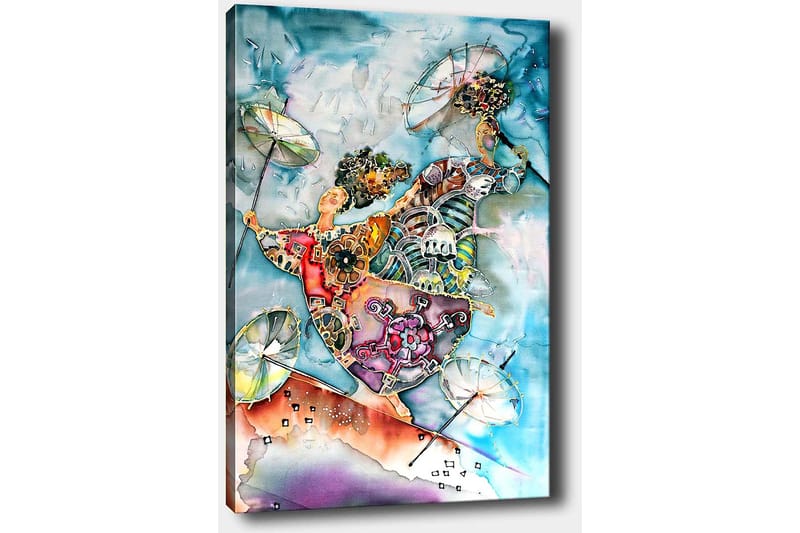 Canvastavla 70x100 cm - Två dansande figurer med paraplyer i en färgglad och livlig komposition - Blå / Orange / Grön - Inredning - Tavlor & posters - Canvastavla