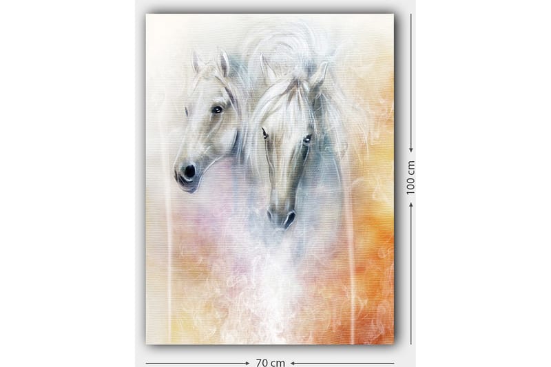 Canvastavla 70x100 cm - Två eleganta hästar som framträder i en mjuk och drömlik komposition - Vit / Ljusgrå / Orange - Inredning - Tavlor & posters - Canvastavla