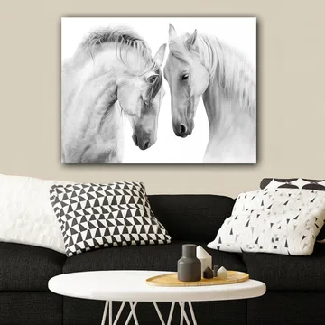 Canvastavla 70x100 cm - Två eleganta hästar som står nära varandra och visar en känsla av samhörighet - Vit / Grå - Inredning - Tavlor & posters - Canvastavla