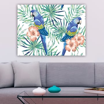 Canvastavla 70x100 cm - Två färgglada papegojor omgivna av tropiska växter och blommor - Blå / Grön / Rosa - Inredning - Tavlor & posters - Canvastavla