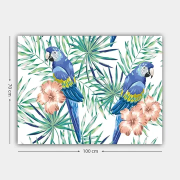 Canvastavla 70x100 cm - Två färgglada papegojor omgivna av tropiska växter och blommor - Blå / Grön / Rosa - Inredning - Tavlor & posters - Canvastavla