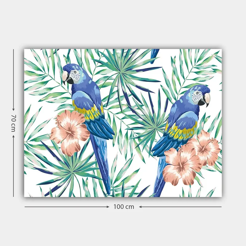Canvastavla 70x100 cm - Två färgglada papegojor omgivna av tropiska växter och blommor - Blå / Grön / Rosa - Inredning - Tavlor & posters - Canvastavla