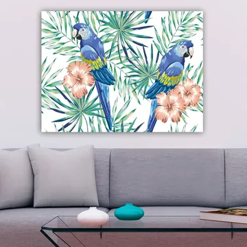 Canvastavla 70x100 cm - Två färgglada papegojor omgivna av tropiska växter och blommor - Blå / Grön / Rosa - Inredning - Tavlor & posters - Canvastavla