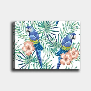 Canvastavla 70x100 cm - Två färgglada papegojor omgivna av tropiska växter och blommor - Blå / Grön / Rosa - Inredning - Tavlor & posters - Canvastavla