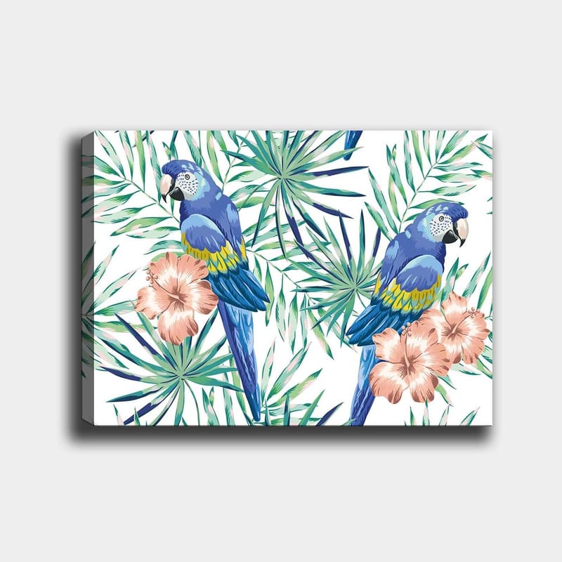 Canvastavla 70x100 cm - Två färgglada papegojor omgivna av tropiska växter och blommor, Blå / Grön / Rosa
