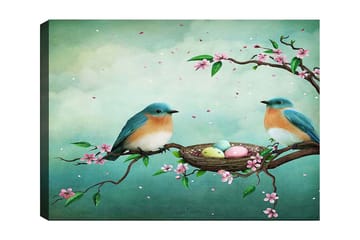 Canvastavla 70x100 cm - Två fåglar sitter på en gren bredvid ett bo med ägg, omgivna av blommor - Turkos / Aprikos / Rosa - Inredning - Tavlor & posters - Canvastavla