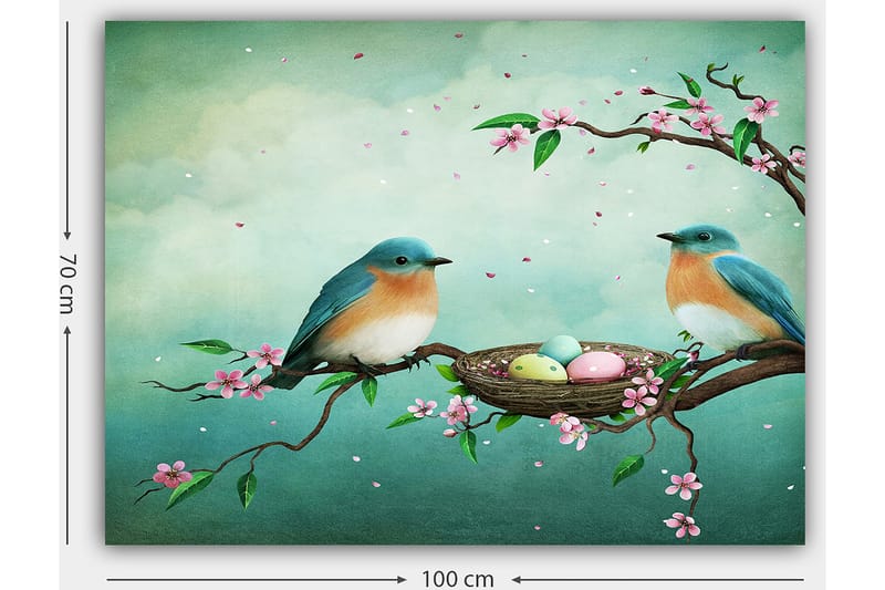 Canvastavla 70x100 cm - Två fåglar sitter på en gren bredvid ett bo med ägg, omgivna av blommor - Turkos / Aprikos / Rosa - Inredning - Tavlor & posters - Canvastavla