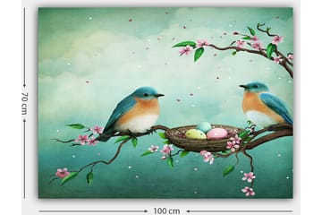 Canvastavla 70x100 cm - Två fåglar sitter på en gren bredvid ett bo med ägg, omgivna av blommor - Turkos / Aprikos / Rosa - Inredning - Tavlor & posters - Canvastavla