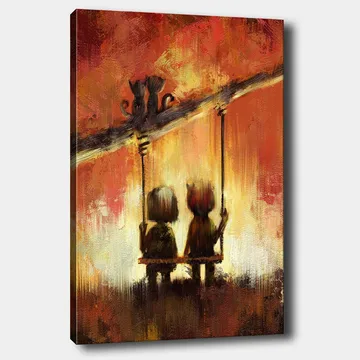Canvastavla 70x100 cm - Två figurer som sitter på en gunga under en varm, färgsprakande himmel - Röd / Orange / Gul - Inredning - Tavlor & posters - Canvastavla