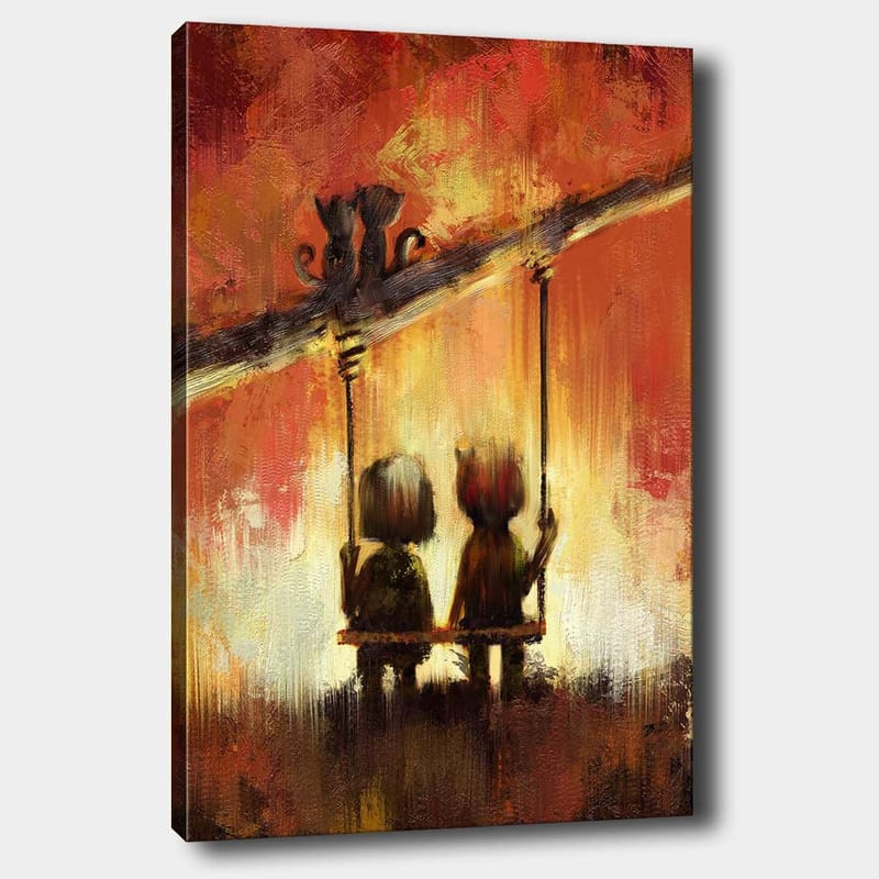 Canvastavla 70x100 cm - Två figurer som sitter på en gunga under en varm, färgsprakande himmel, Röd / Orange / Gul