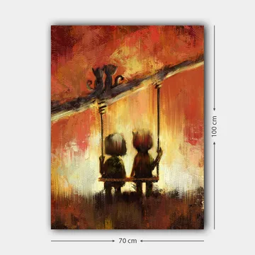 Canvastavla 70x100 cm - Två figurer som sitter på en gunga under en varm, färgsprakande himmel - Röd / Orange / Gul - Inredning - Tavlor & posters - Canvastavla