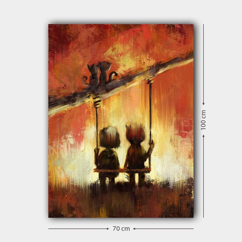 Canvastavla 70x100 cm - Två figurer som sitter på en gunga under en varm, färgsprakande himmel - Röd / Orange / Gul - Inredning - Tavlor & posters - Canvastavla