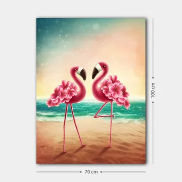 Canvastavla 70x100 cm - Två flamingos med blommor som står på en strand vid havet - Rosa / Turkos / Beige - Inredning - Tavlor & posters - Canvastavla