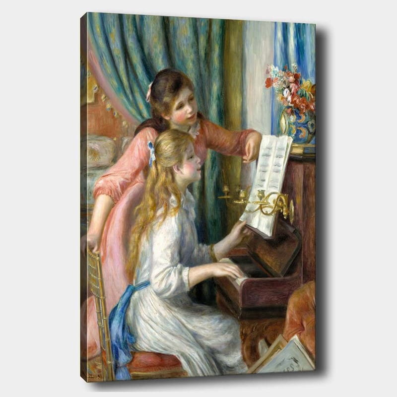Canvastavla 70x100 cm - Två flickor som spelar piano tillsammans, där den ena flickan pekar på noterna, Rosa / Vit / Blå