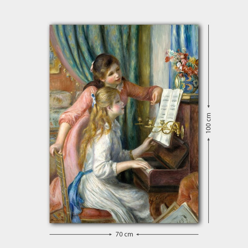 Canvastavla 70x100 cm - Två flickor som spelar piano tillsammans, där den ena flickan pekar på noterna - Rosa / Vit / Blå - Inredning - Tavlor & posters - Canvastavla