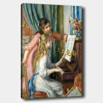 Canvastavla 70x100 cm - Två flickor som spelar piano tillsammans, där den ena flickan pekar på noterna - Rosa / Vit / Blå - Inredning - Tavlor & posters - Canvastavla