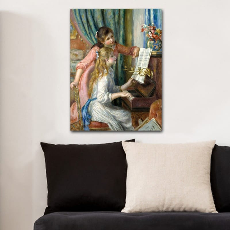 Canvastavla 70x100 cm - Två flickor som spelar piano tillsammans, där den ena flickan pekar på noterna - Rosa / Vit / Blå - Inredning - Tavlor & posters - Canvastavla
