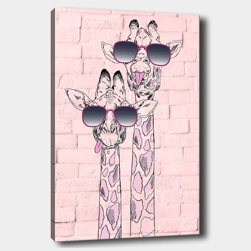 Canvastavla 70x100 cm - Två giraffer med solglasögon som sticker ut med sina lekfulla uttryck, Rosa / Svart / Vit