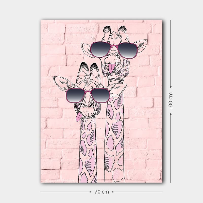 Canvastavla 70x100 cm - Två giraffer med solglasögon som sticker ut med sina lekfulla uttryck - Rosa / Svart / Vit - Inredning - Tavlor & posters - Canvastavla