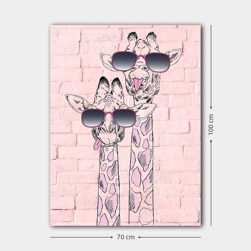 Canvastavla 70x100 cm - Två giraffer med solglasögon som sticker ut med sina lekfulla uttryck - Rosa / Svart / Vit - Inredning - Tavlor & posters - Canvastavla